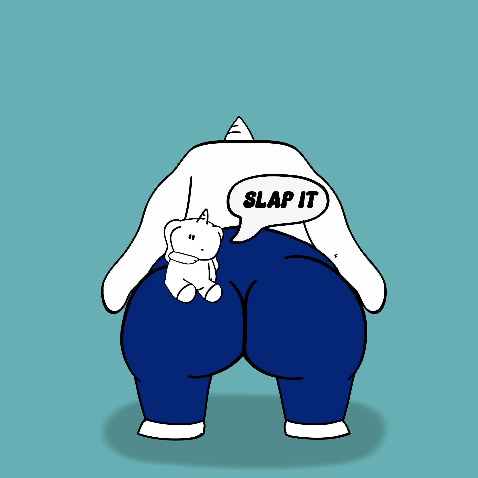 Wilde from behind in navy jeans with a plushie on his back and a speech bubble saying SLAP IT