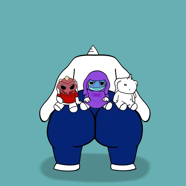 Wilde from behind in navy jeans, with three plush toys riding on its back